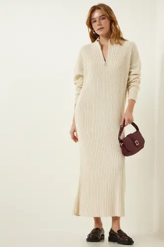 Kadın Krem Fitilli Oversize Triko Elbise DD01251-Krem - 3