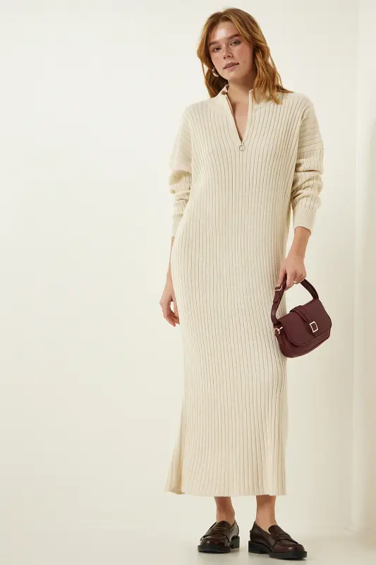 Kadın Krem Fitilli Oversize Triko Elbise DD01251-Krem - 3