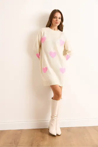Kadın Krem Kalp Detaylı Yumuşak Dokulu Triko Tunik Elbise ELB-19002284-Krem - OLALOOK (1)