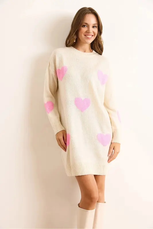 Kadın Krem Kalp Detaylı Yumuşak Dokulu Triko Tunik Elbise ELB-19002284-Krem - 3