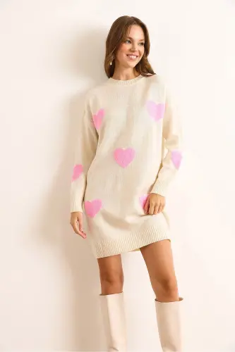 Kadın Krem Kalp Detaylı Yumuşak Dokulu Triko Tunik Elbise ELB-19002284-Krem - 4