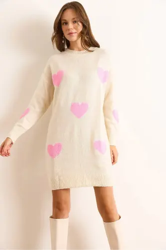 Kadın Krem Kalp Detaylı Yumuşak Dokulu Triko Tunik Elbise ELB-19002284-Krem - 5