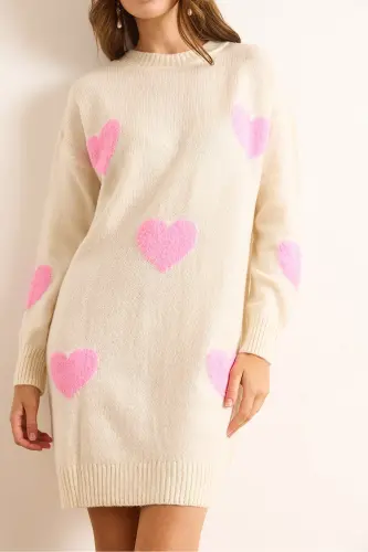 Kadın Krem Kalp Detaylı Yumuşak Dokulu Triko Tunik Elbise ELB-19002284-Krem - 6