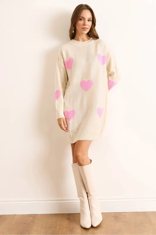 Kadın Krem Kalp Detaylı Yumuşak Dokulu Triko Tunik Elbise ELB-19002284-Krem - OLALOOK