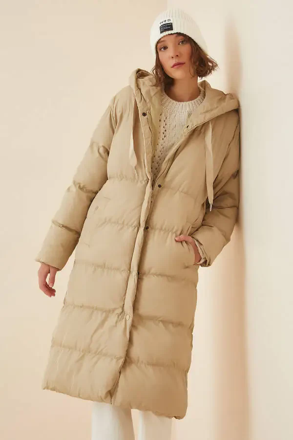 Kadın Krem Kapüşonlu Oversize Şişme Kaban FD00005 - 4