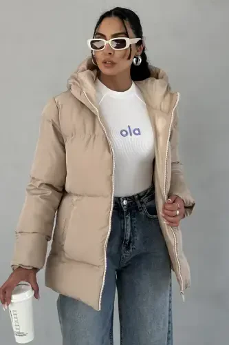 Kadın Bej Kapüşonlu Şişme Mont-bej - MODA ARMANC (1)