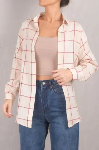 Kadın Krem Kare Desen Oversize Uzun Basic Gömlek ARM-22Y001144-Krem - ARMONIKA (1)