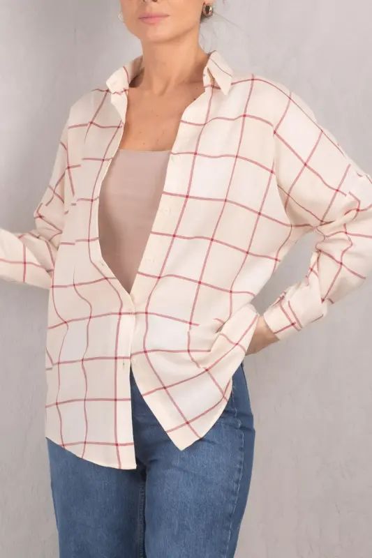 Kadın Krem Kare Desen Oversize Uzun Basic Gömlek ARM-22Y001144-Krem - 1