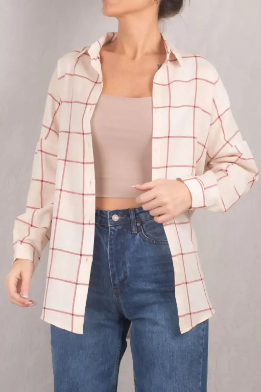 Kadın Krem Kare Desen Oversize Uzun Basic Gömlek ARM-22Y001144-Krem - 2