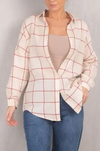 Kadın Krem Kare Desen Oversize Uzun Basic Gömlek ARM-22Y001144-Krem - 3