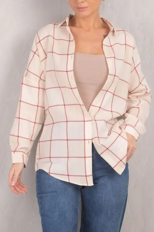 Kadın Krem Kare Desen Oversize Uzun Basic Gömlek ARM-22Y001144-Krem - 3