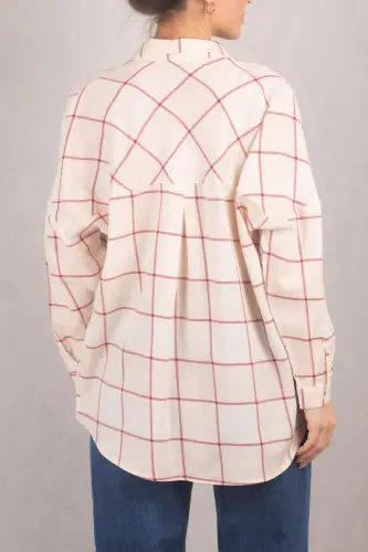 Kadın Krem Kare Desen Oversize Uzun Basic Gömlek ARM-22Y001144-Krem - 5