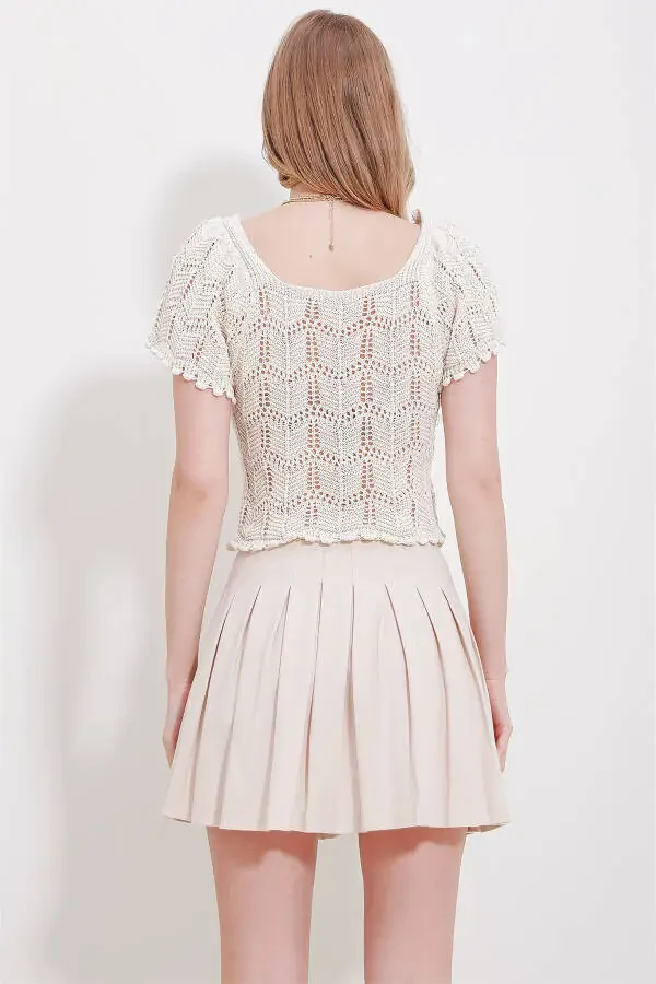 Kadın Krem Kare Yaka Ajurlu Triko Bluz ALC-X11555-KREM - 5