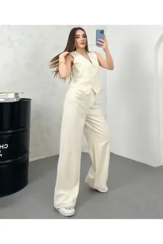 Kadın Krem Keten Kumaş Astarlı Yelek Lastikli Yüksek Bel Palazzo Pantolon Takım 9257-Krem - 4