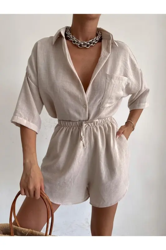 Kadın Krem Keten Kumaş Oversize Gömlek Şort Takımı - Krem - 2