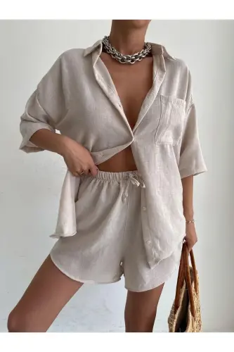 Kadın Krem Keten Kumaş Oversize Gömlek Şort Takımı - Krem - 4