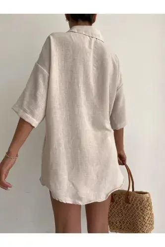 Kadın Krem Keten Kumaş Oversize Gömlek Şort Takımı-Krem - 3