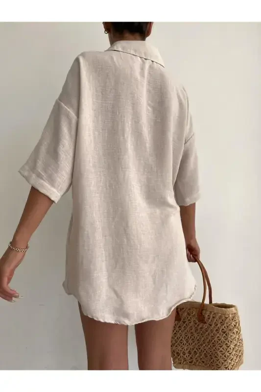Kadın Krem Keten Kumaş Oversize Gömlek Şort Takımı-Krem - 3
