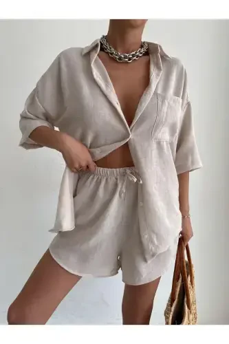 Kadın Krem Keten Kumaş Oversize Gömlek Şort Takımı-Krem - 4