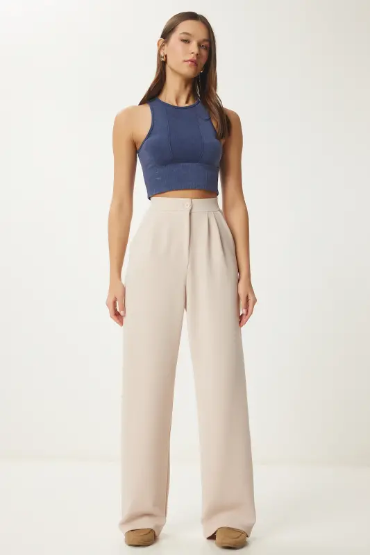 Kadın Krem Likralı Rahat Palazzo Örme Pantolon RV00175-Krem - HAPPINESS İSTANBUL