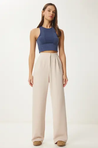 Kadın Krem Likralı Rahat Palazzo Örme Pantolon RV00175-Krem 