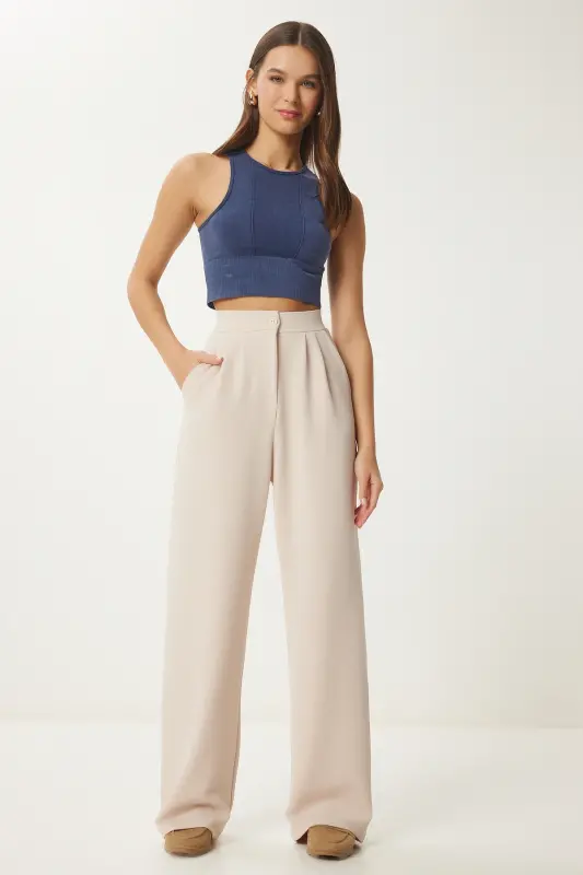 Kadın Krem Likralı Rahat Palazzo Örme Pantolon RV00175-Krem - 3