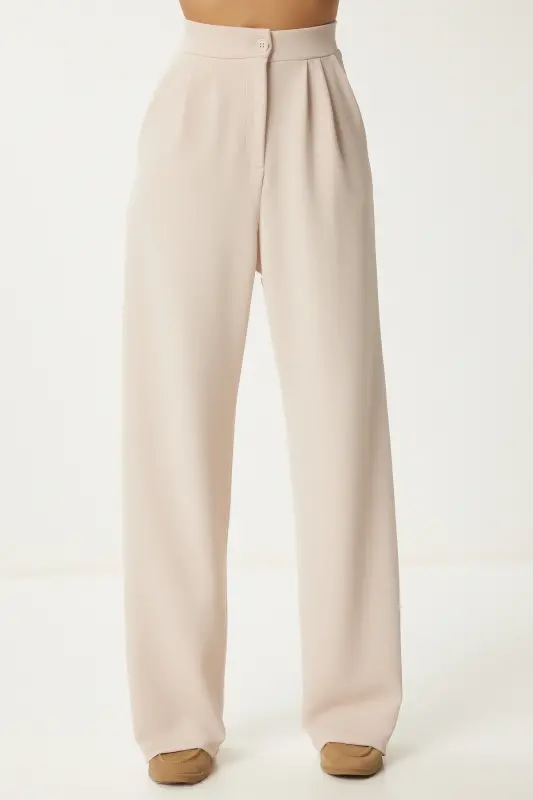 Kadın Krem Likralı Rahat Palazzo Örme Pantolon RV00175-Krem - 5