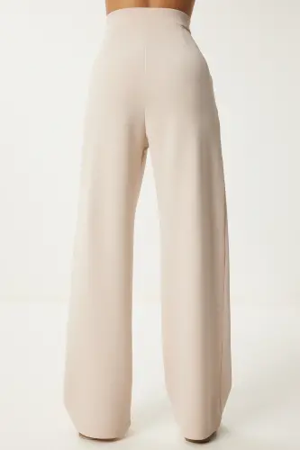 Kadın Krem Likralı Rahat Palazzo Örme Pantolon RV00175-Krem - 6