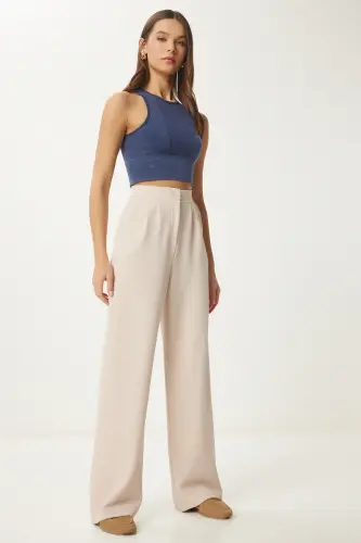 Kadın Krem Likralı Rahat Palazzo Örme Pantolon RV00175-Krem - HAPPINESS İSTANBUL (1)