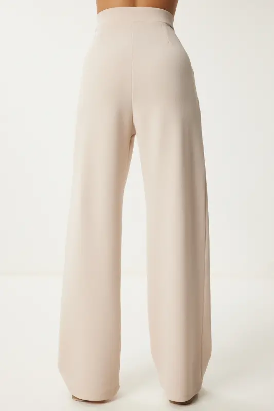 Kadın Krem Likralı Rahat Palazzo Örme Pantolon RV00175-Krem - 6