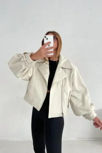 Kadın Krem Oversize Deri Ceket - Krem 