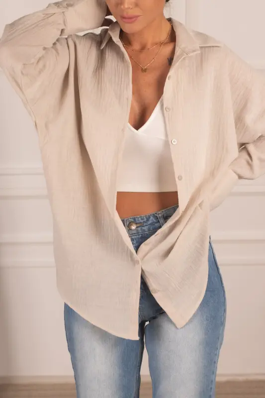 Kadın Krem Oversize Dokulu Keten Görünümlü Geniş Manşetli Gömlek Arm-24k001001-Krem - 1