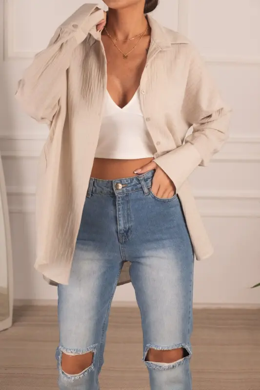 Kadın Krem Oversize Dokulu Keten Görünümlü Geniş Manşetli Gömlek Arm-24k001001-Krem - 2