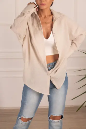 Kadın Krem Oversize Dokulu Keten Görünümlü Geniş Manşetli Gömlek Arm-24k001001-Krem - 3