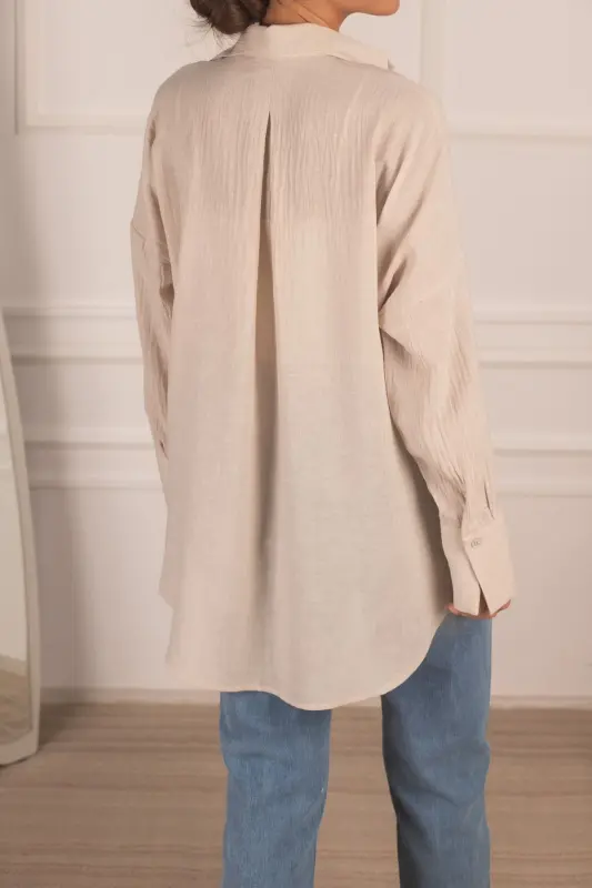 Kadın Krem Oversize Dokulu Keten Görünümlü Geniş Manşetli Gömlek Arm-24k001001-Krem - 5