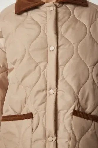 Kadın Krem Polo Yaka Cepli Kapitone Mont DZ00096-Krem - 5