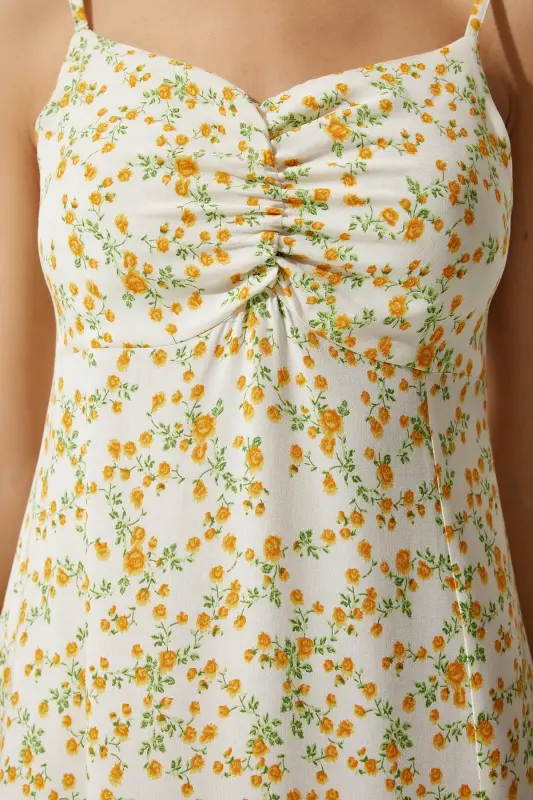 Cremegelbes Viskosekleid mit gemusterten Trägern für Damen, UB00236 - Cremegelb - 2