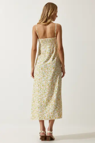 Cremegelbes Viskosekleid mit gemusterten Trägern für Damen, UB00236 - Cremegelb - 3