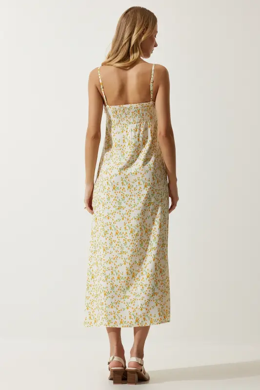 Cremegelbes Viskosekleid mit gemusterten Trägern für Damen, UB00236 - Cremegelb - 3