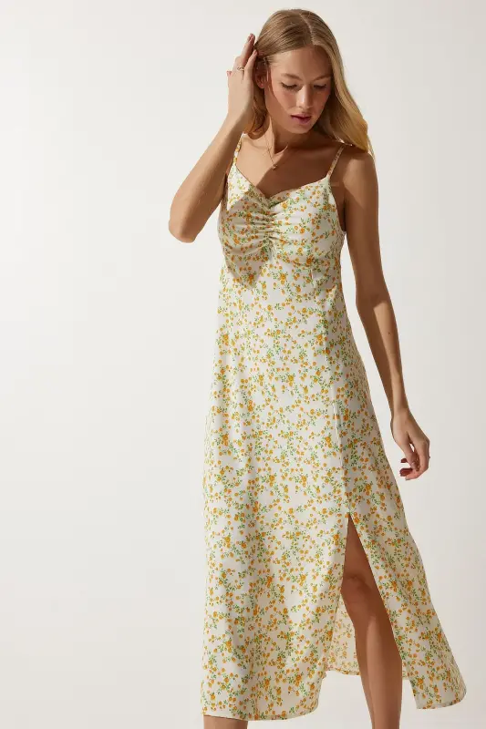 Cremegelbes Viskosekleid mit gemusterten Trägern für Damen, UB00236 - Cremegelb - 4