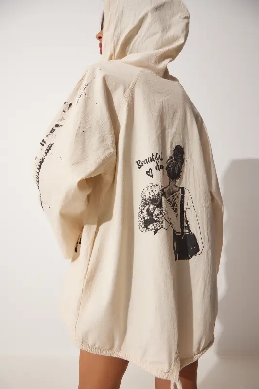 Kadın Krem Siyah Baskılı Kapüşonlu Ham Keten Ceket SA00014-Krem Siyah - 1