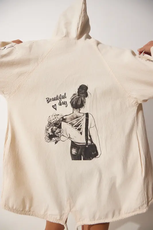 Kadın Krem Siyah Baskılı Kapüşonlu Ham Keten Ceket SA00014-Krem Siyah - 3