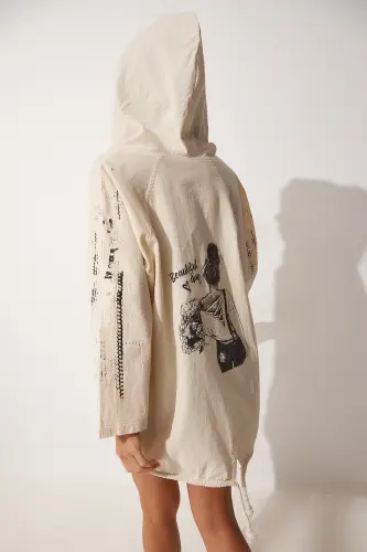 Kadın Krem Siyah Baskılı Kapüşonlu Ham Keten Ceket SA00014-Krem Siyah - 4