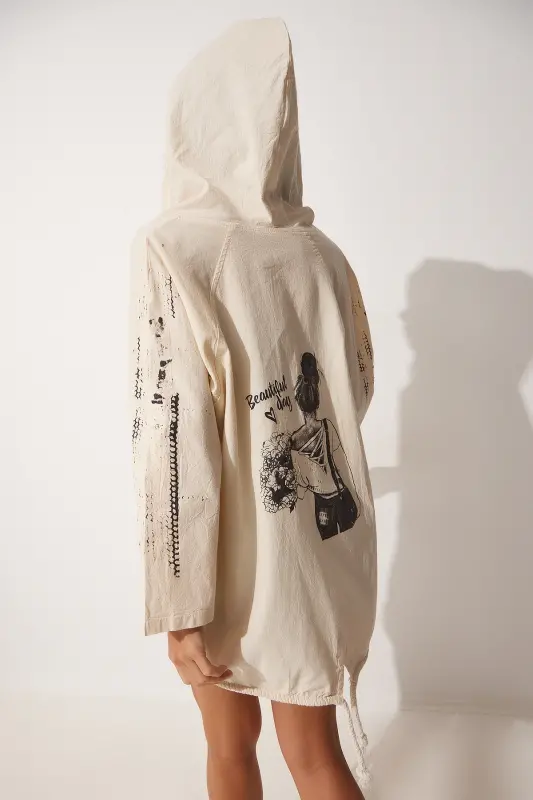 Kadın Krem Siyah Baskılı Kapüşonlu Ham Keten Ceket SA00014-Krem Siyah - 4