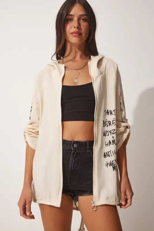 Kadın Krem Siyah Baskılı Kapüşonlu Ham Keten Ceket SA00014-Krem Siyah - 5