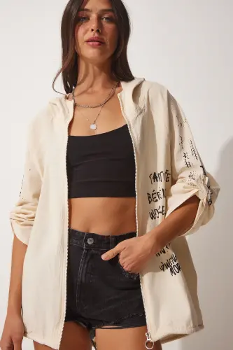 Kadın Krem Siyah Baskılı Kapüşonlu Ham Keten Ceket SA00014-Krem Siyah - 6