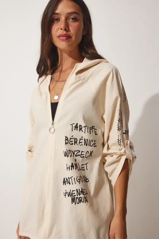 Kadın Krem Siyah Baskılı Kapüşonlu Ham Keten Ceket SA00014-Krem Siyah - 7