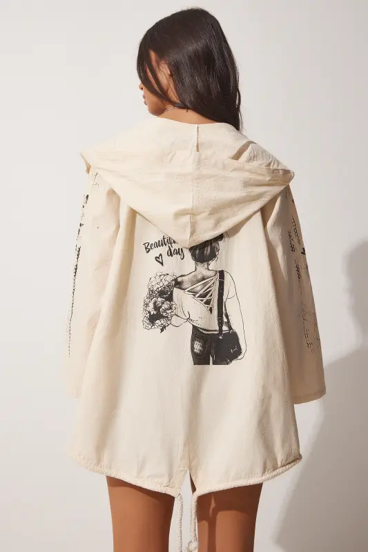 Kadın Krem Siyah Baskılı Kapüşonlu Ham Keten Ceket SA00014-Krem Siyah - 8