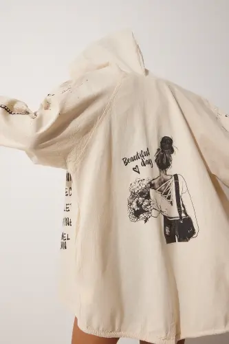 Kadın Krem Siyah Baskılı Kapüşonlu Ham Keten Ceket SA00014-Krem Siyah - HAPPINESS İSTANBUL (1)