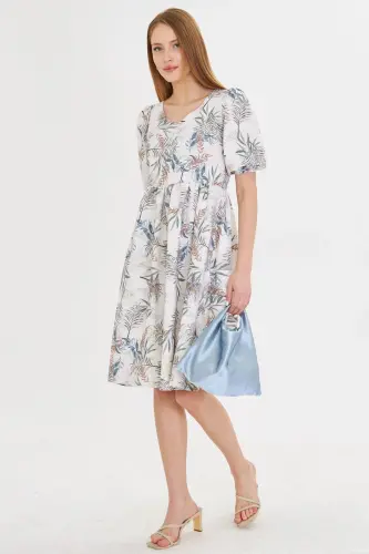 Kadın Krem U Yaka Kolları Lastikli Beli Büzgülü Midi Boy Elbise ARM-25Y001003-Krem - ARMONIKA (1)